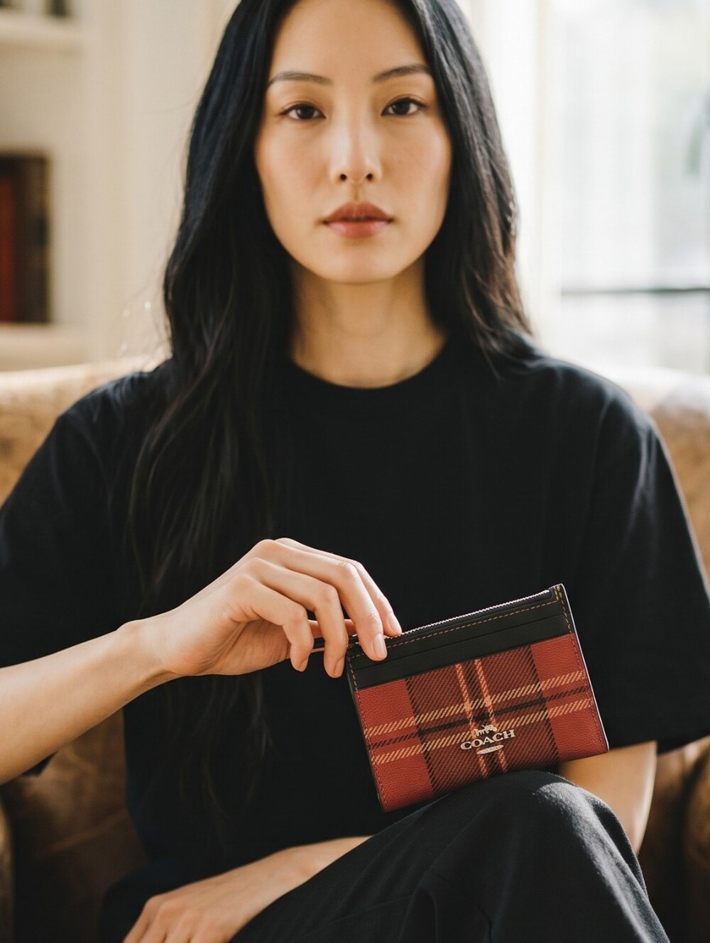 Coach Mini Skinny ID Case With Tartan Plaid Print Red‎ & Black Wallet
